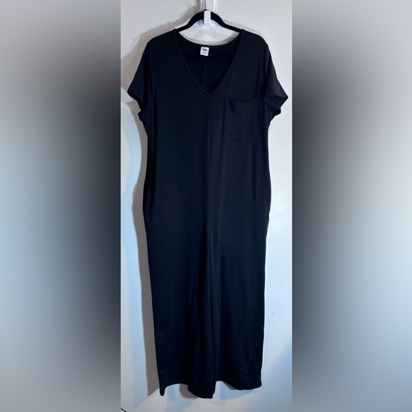 SMASH + TESS Sz L V-Neck Jumpsuit Wide Leg Seam Pockets Patch Front Pocket Black - Picture 2 of 10